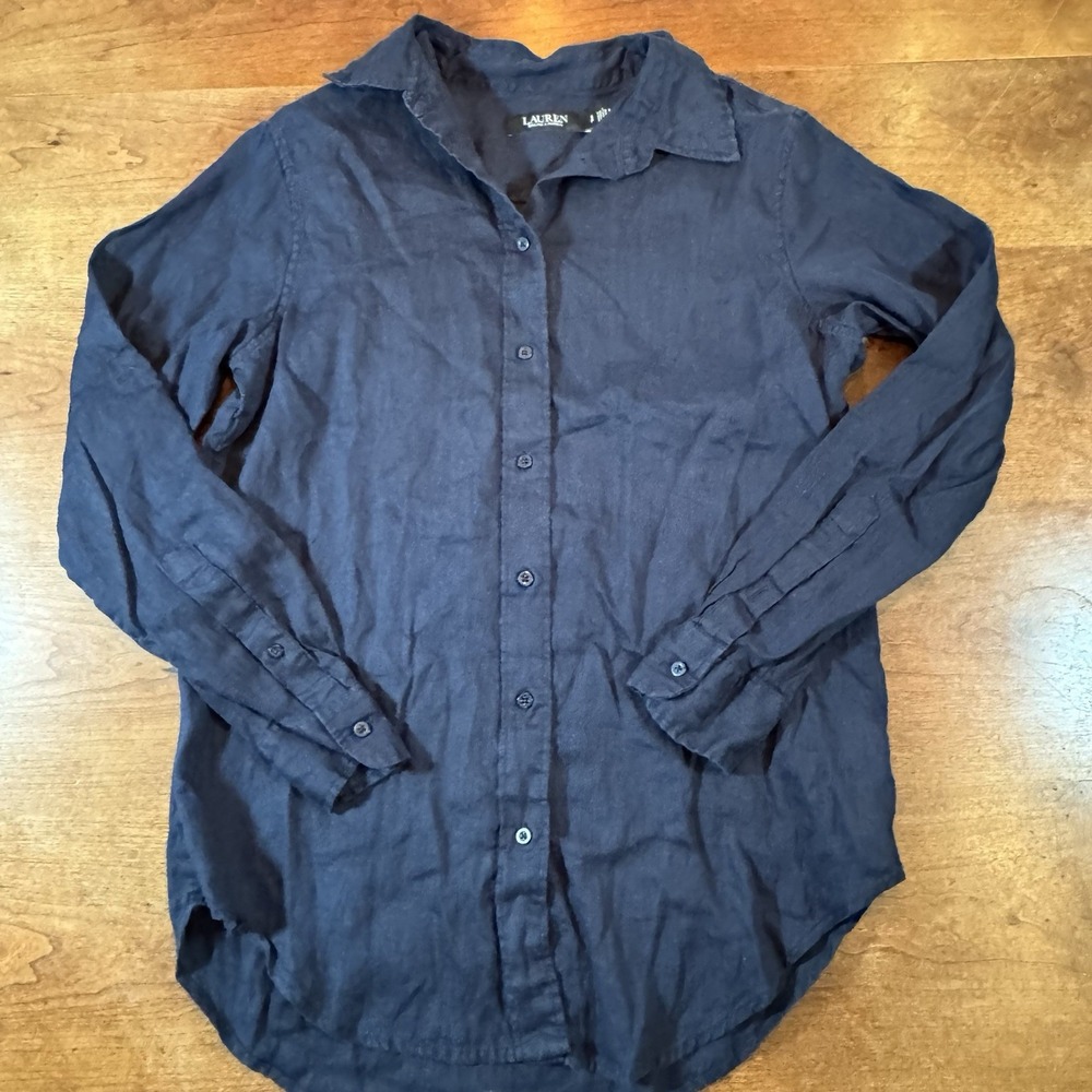 Lauren Ralph Lauren Linen Shirt Womens SP Navy Blue Excellent Roll Tab Sleeve